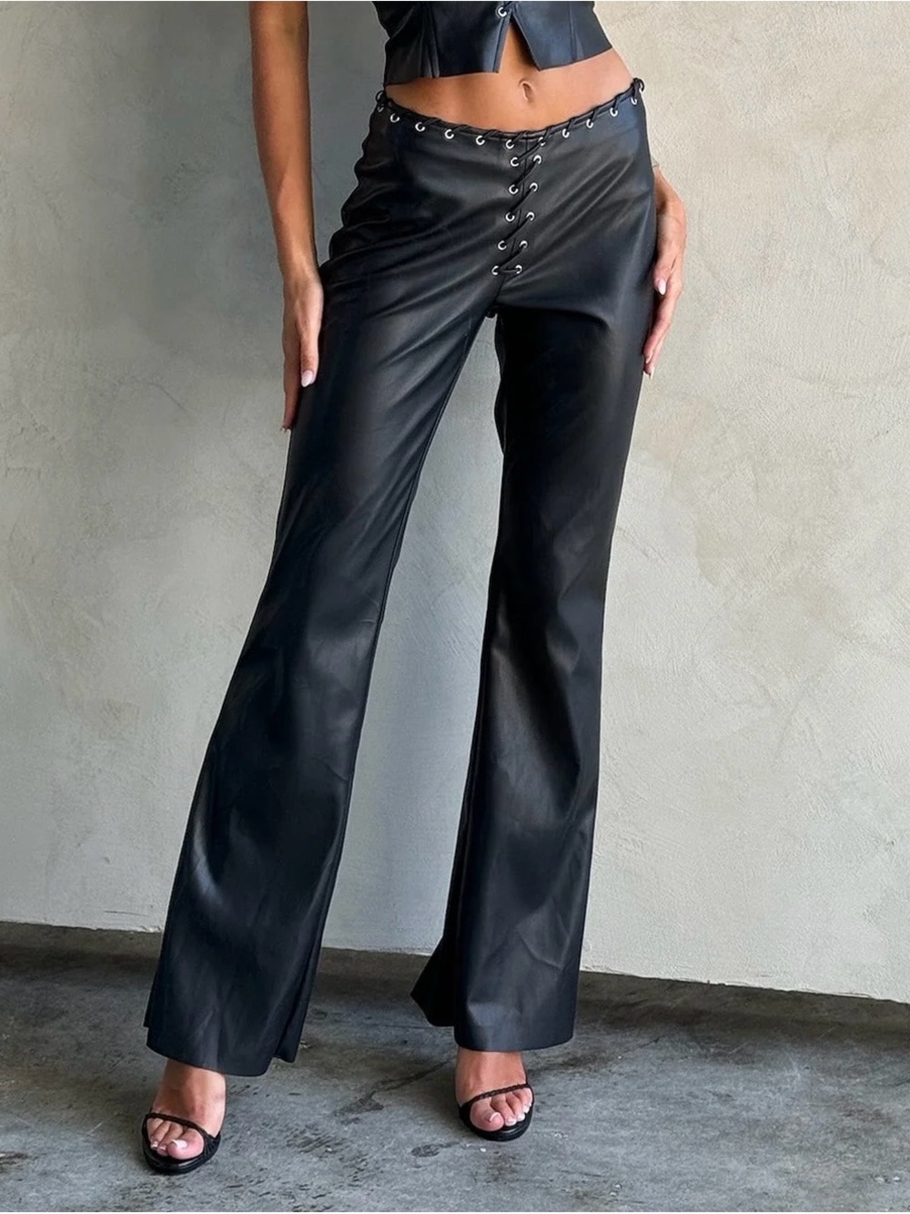 Tiger Mist Black Faux Leather Lace-Up Flare Pants
